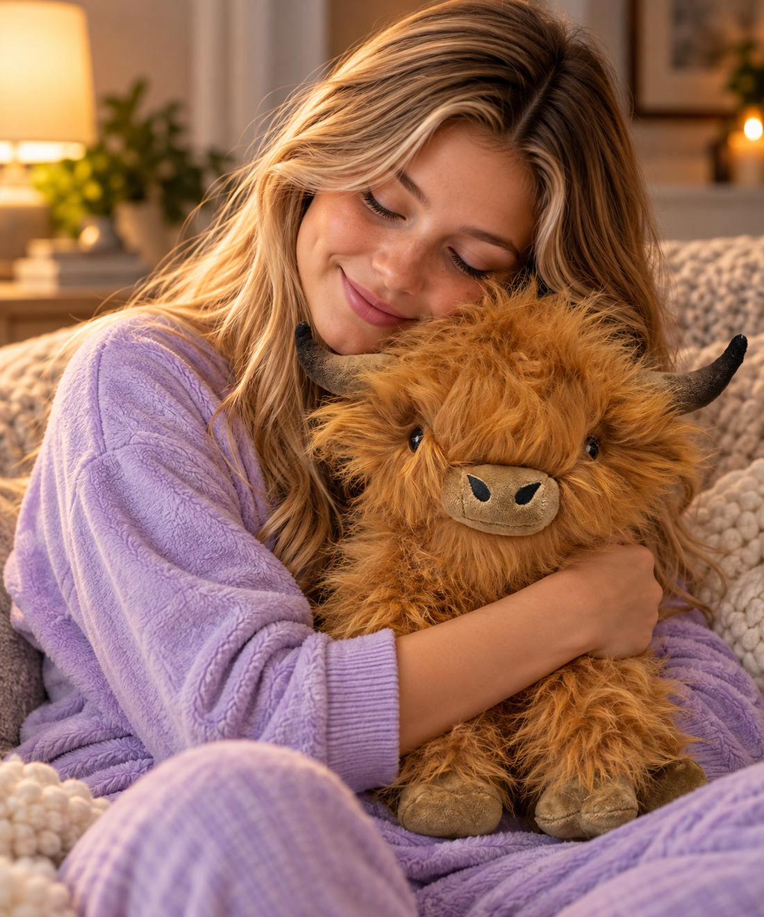 Woman hugging a brown Highland cow weighted Hugglz plush in a cozy setting