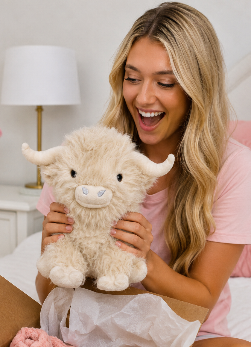 White Highland Cow Weighted Plush - Warmable, Washable Comfort Plush, Perfect Gift, 11" tall, approx. 2 lb - Hugglz