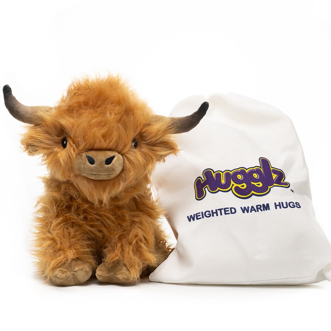 Brown Highland Cow - Warmable, Weighted, Washable  - Dimensions: Approx. 12" tall, 2 lbs - Hugglz