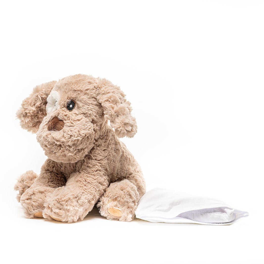 Brown Dog - Warmable, Weighted, Washable - Dimensions: Approx. 12" tall, 2 lbs - Hugglz
