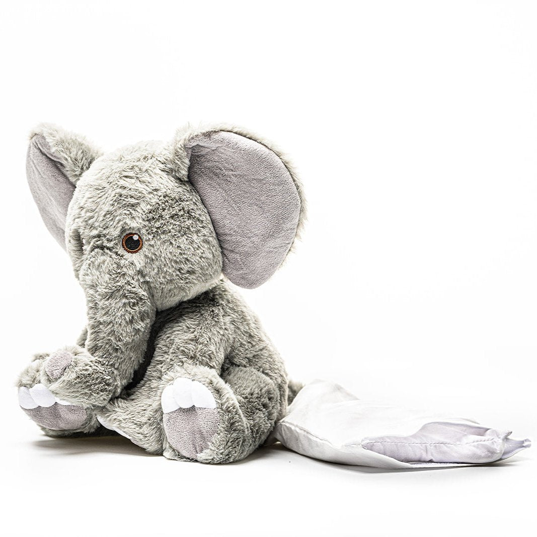 Grey Elephant - Warmable, Weighted, Washable  - Dimensions: Approx. 12" tall, 2 lbs - Hugglz