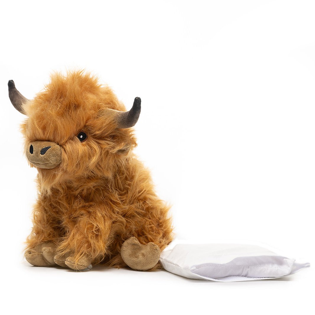 Brown Highland Cow - Warmable, Weighted, Washable  - Dimensions: Approx. 12" tall, 2 lbs - Hugglz
