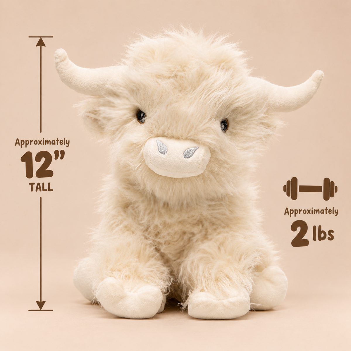 White Highland Cow weighted plush showing approximately 12-inch height and 2-lb weight