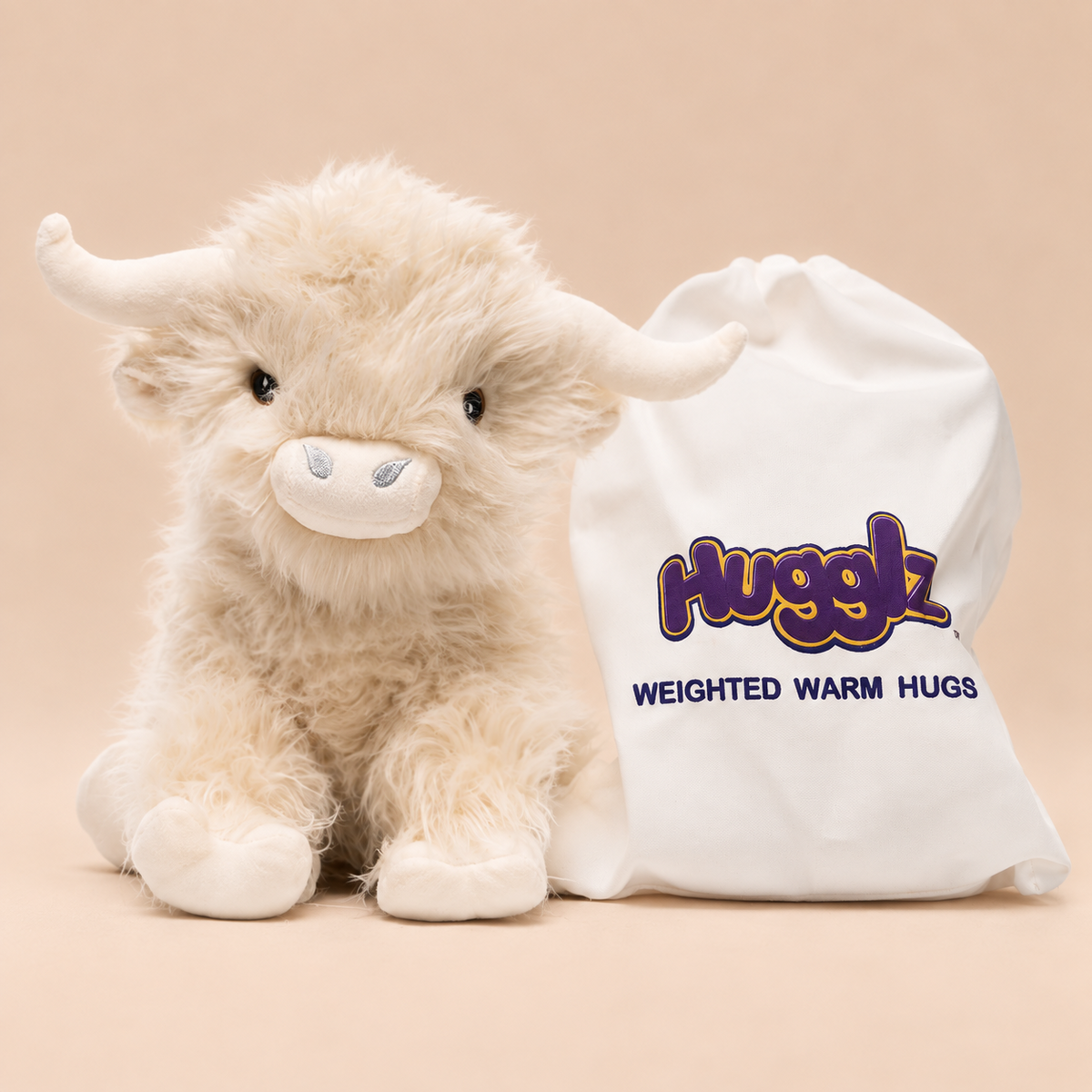 White Highland Cow weighted plush showing product packaging